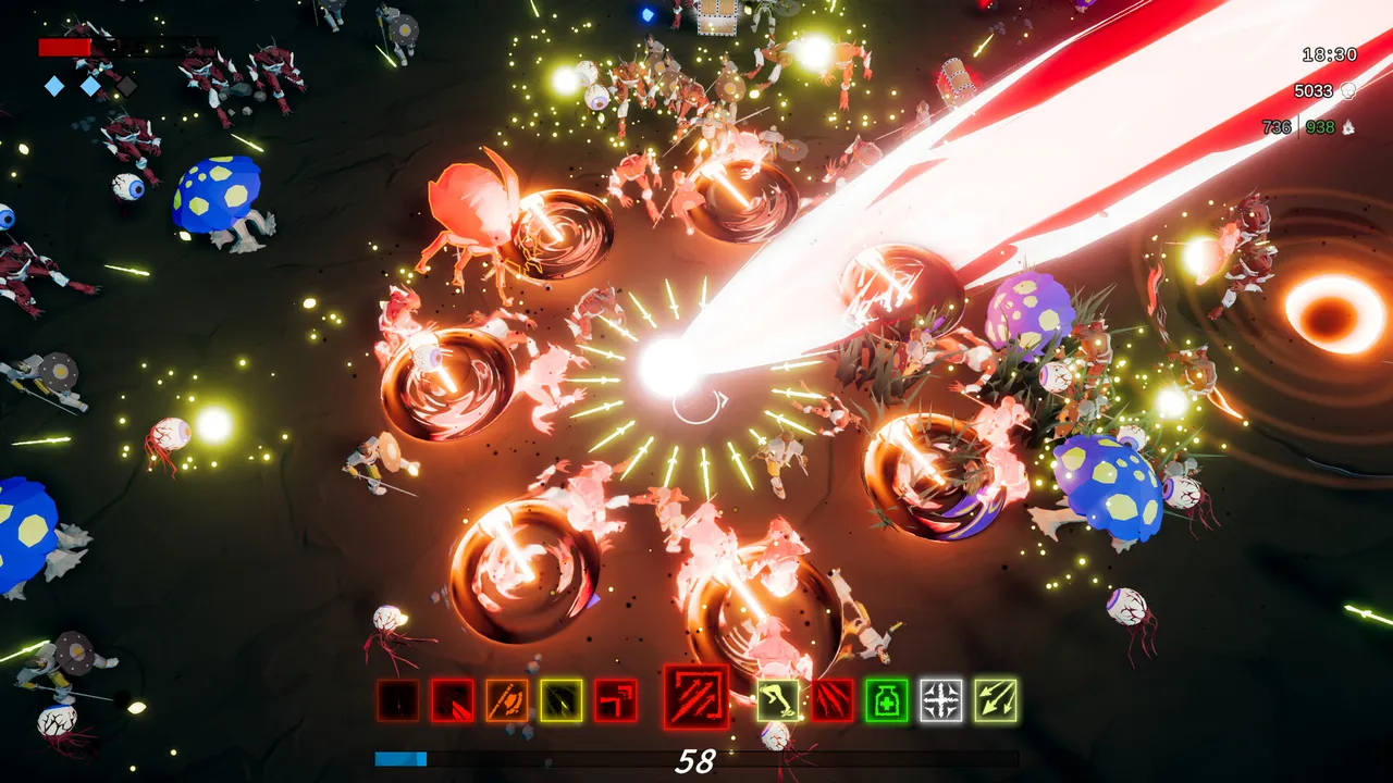 Godly Survivors: a beam and fiery rings clear a swarm