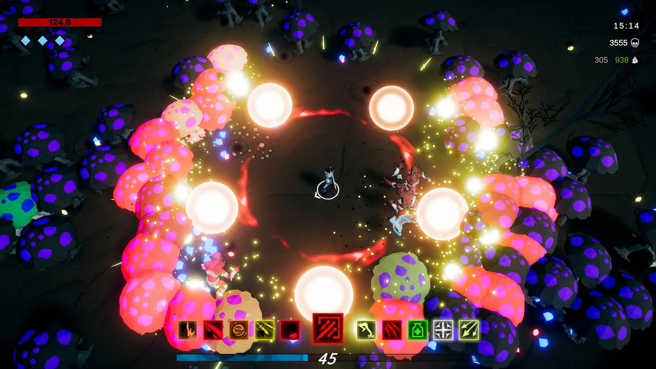 Godly Survivors: orbs burst through glowing mushrooms