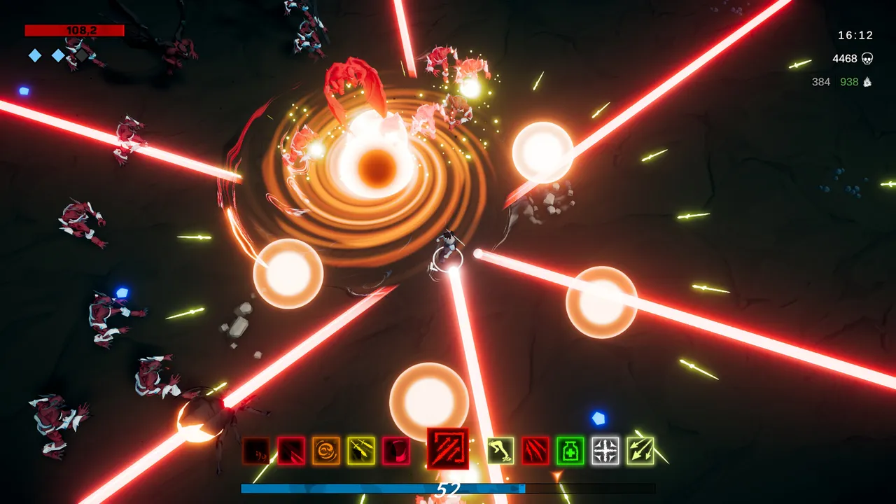 Godly Survivors: laser spokes spin out of a black hole